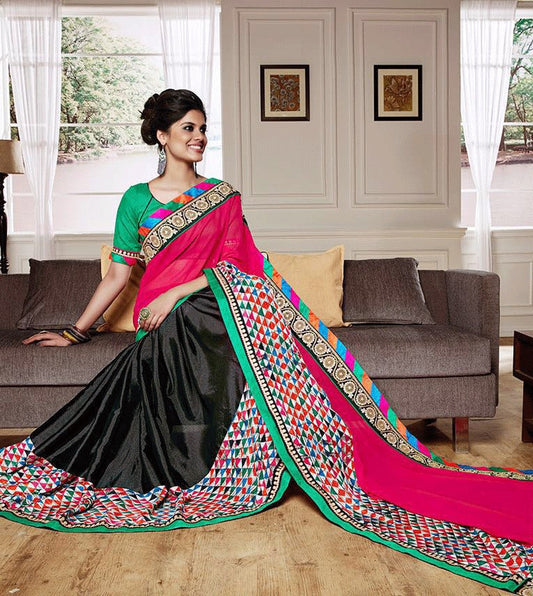 Designer Pink and Black Multicolored Urban Print Georgette Half-Half Saree - GlitterGleam