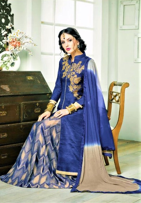 Semi Stitched Blue Silk Lehenga Skirt - GlitterGleam
