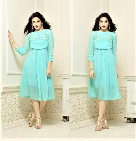 Designer Cyan Colored Embroidered Kurti - GlitterGleam