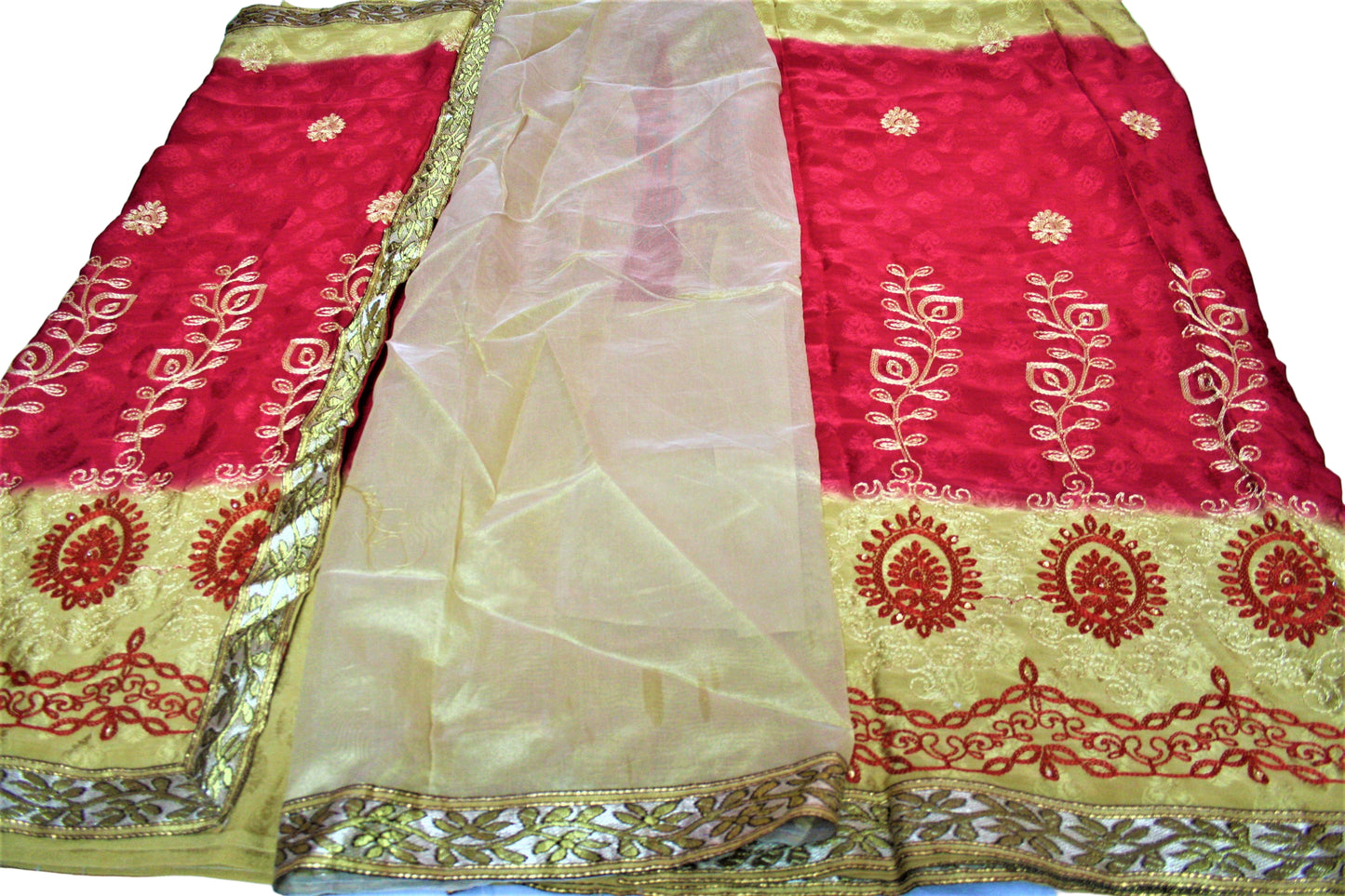 Shaded Beige Color Jacquard Silk Saree with Embroidery - GlitterGleam