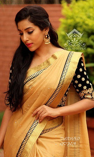 Designer Gold Color Cotton Silk Saree with Heavy Black Blouse - GlitterGleam