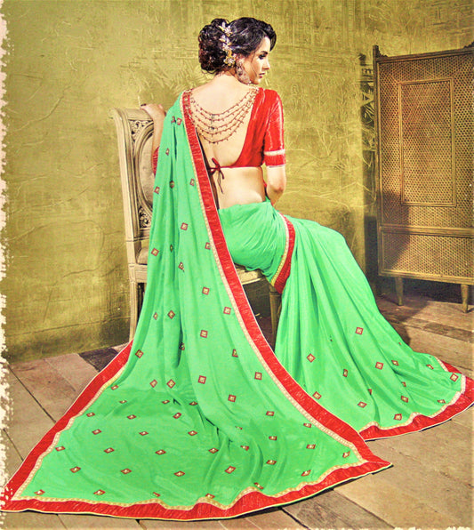 Green Shimmer Chiffon with Art Silk Lace Border and Blouse - GlitterGleam