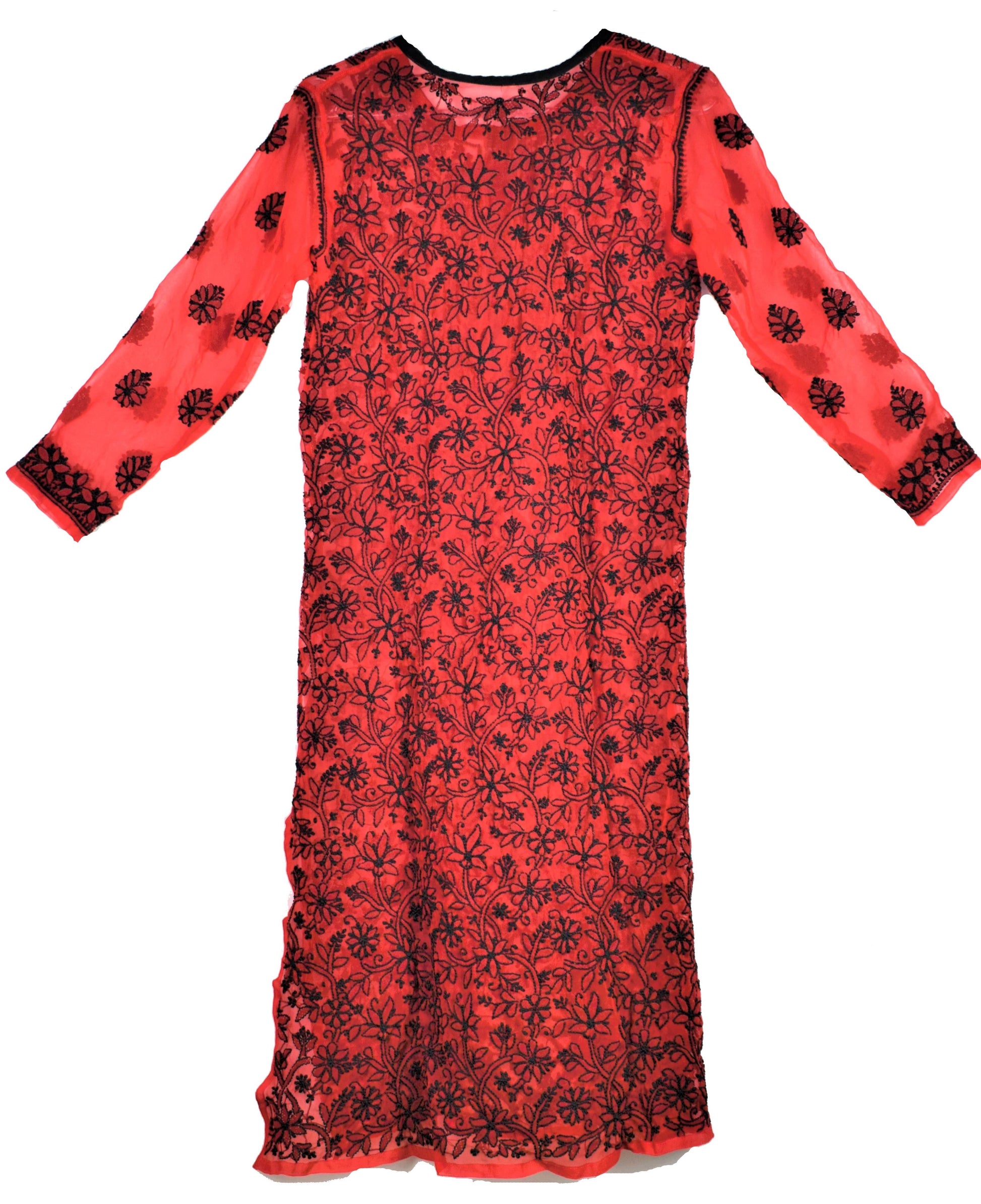 Full Embroidery Red and Black Chikan Kurta - GlitterGleam