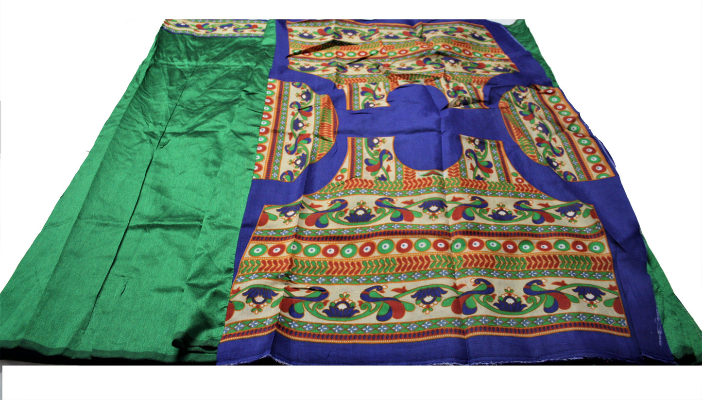 Cotton Silk Saree with Peacock Print Border and Blouse - GlitterGleam