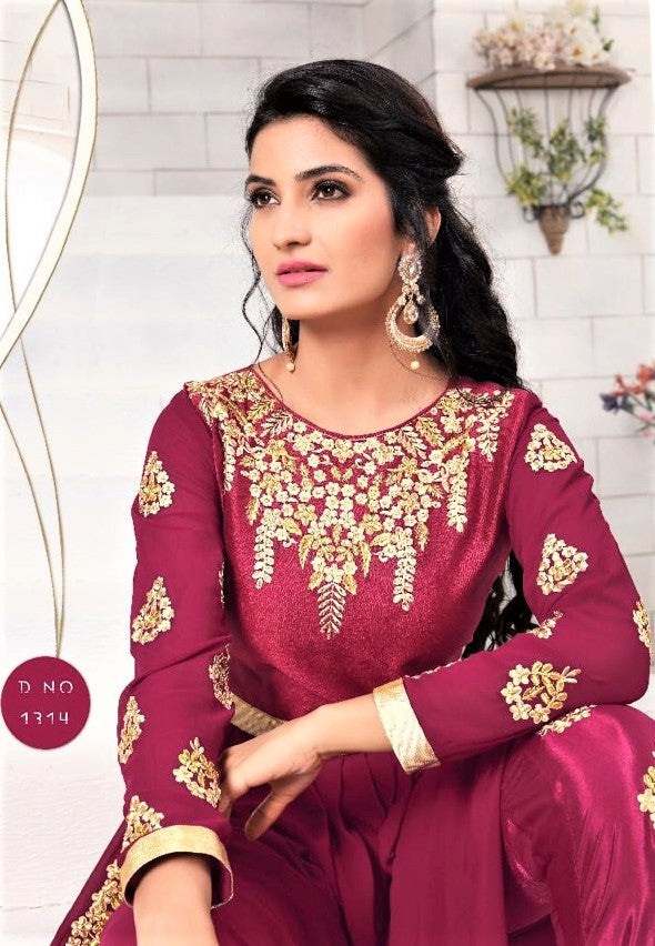 Designer Maroon Colored Pleated Side Slit Suit - GlitterGleam