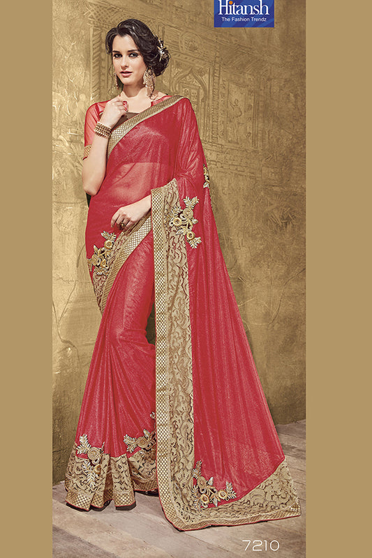 Designer Viscose and Brocade Net Red Saree with Glitter - GlitterGleam