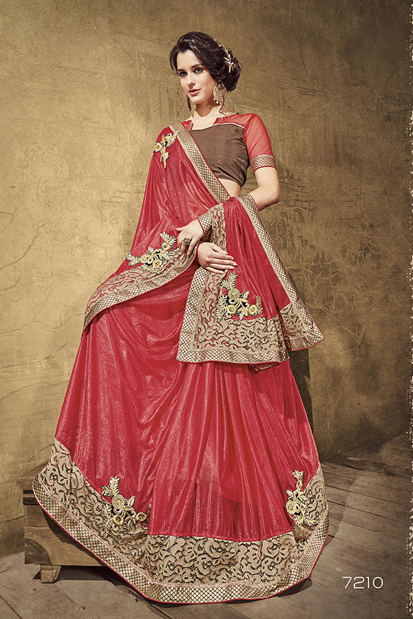 Designer Viscose and Brocade Net Red Saree with Glitter - GlitterGleam