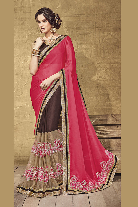 Designer Glitter Net and Viscose Half-Half Saree with Velvet Border - GlitterGleam