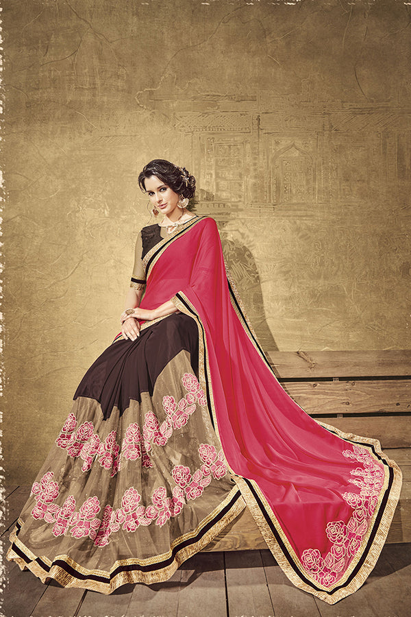 Designer Glitter Net and Viscose Half-Half Saree with Velvet Border - GlitterGleam