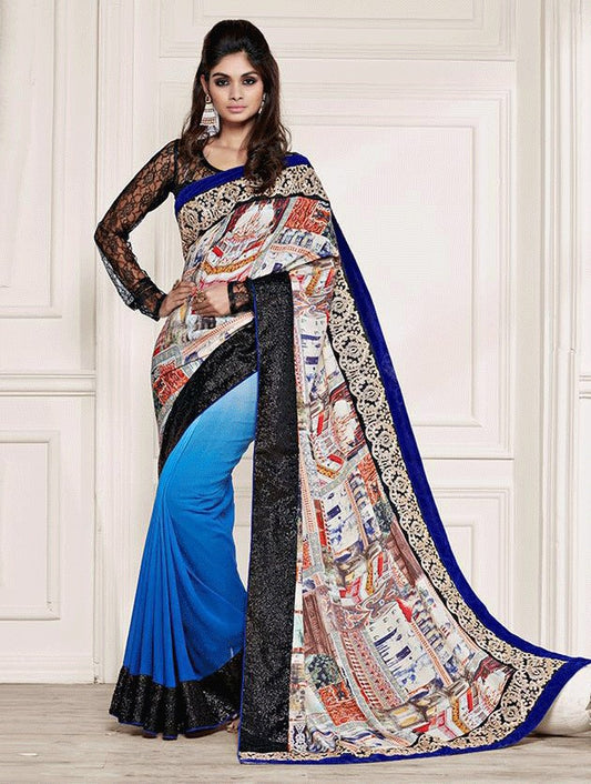 Designer Blue Shaded Georgette and Crepe Half-Half Saree - GlitterGleam
