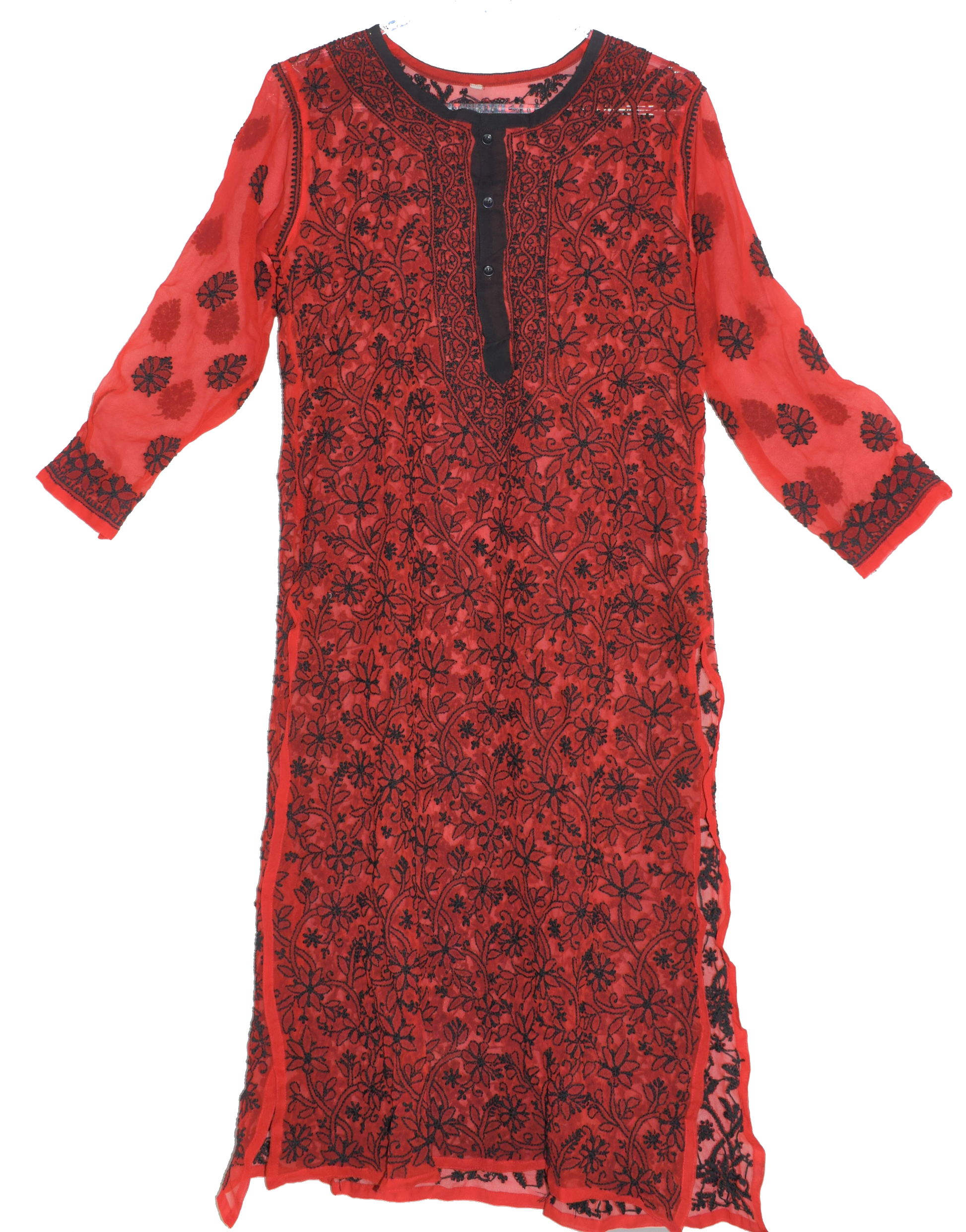 Full Embroidery Red and Black Chikan Kurta - GlitterGleam