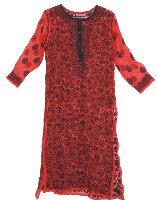 Full Embroidery Red and Black Chikan Kurta - GlitterGleam