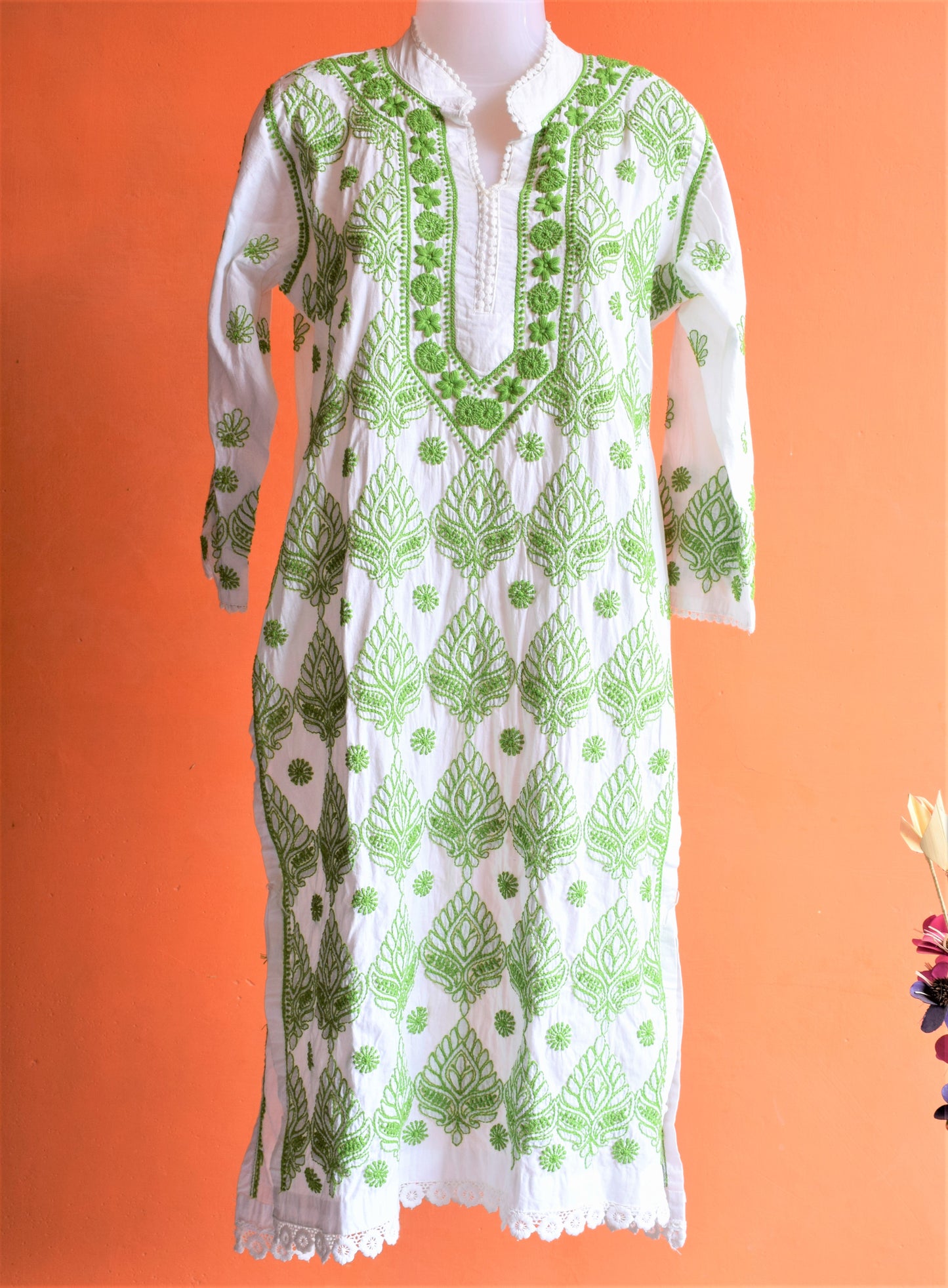 White and Green Floral Lace Chikan Embroidery Kurti
