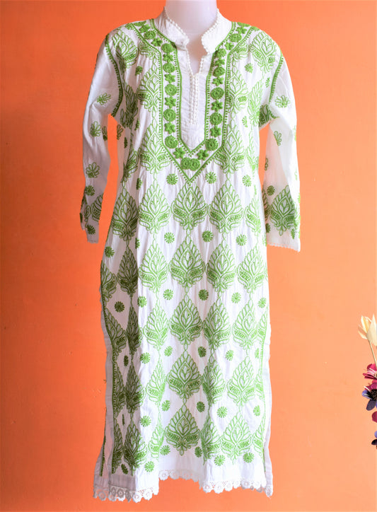 White and Green Floral Lace Chikan Embroidery Kurti