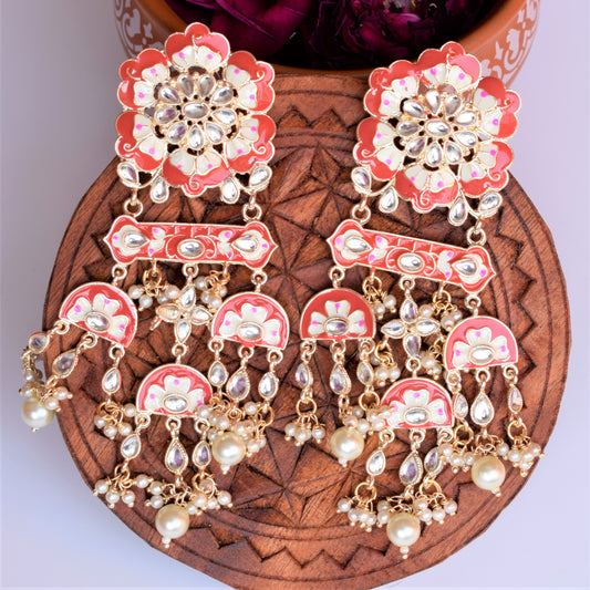 Designer Red Floral Matt Gold Plated Earrings