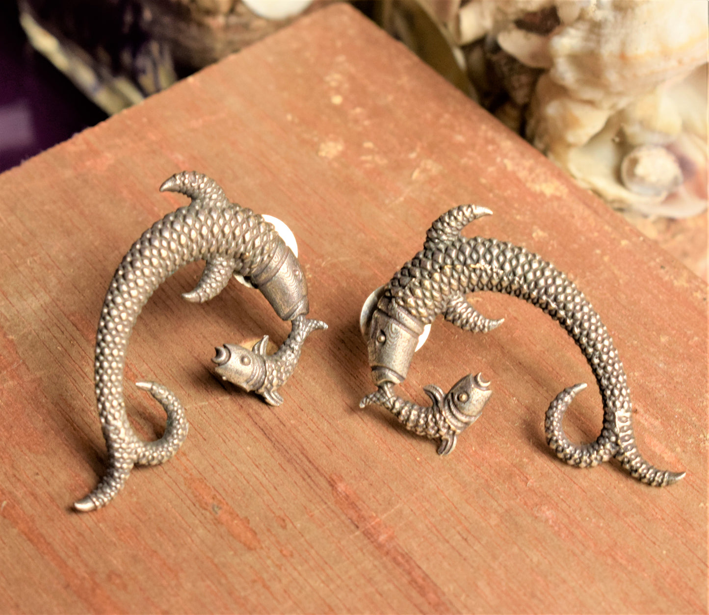 Fish Twin Curved German Silver Stud Earrings