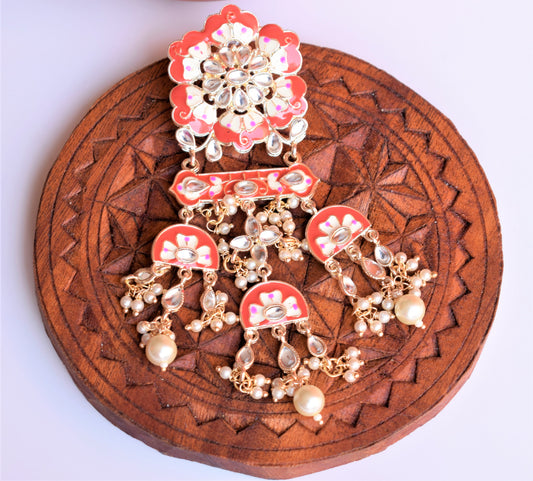 Designer Red Floral Matt Gold Plated Earrings