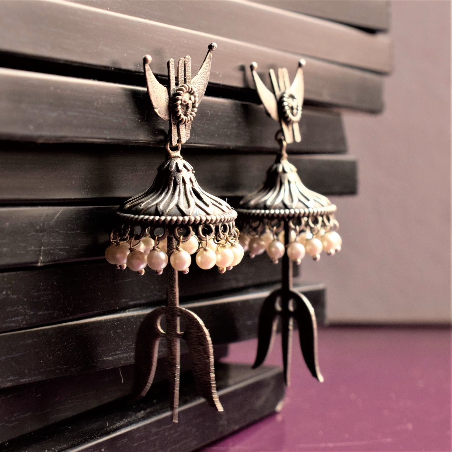 German Silver Trishul Carved Jhumka