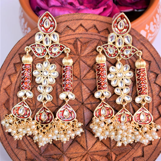 Maroon Red Kundan Temple Earrings