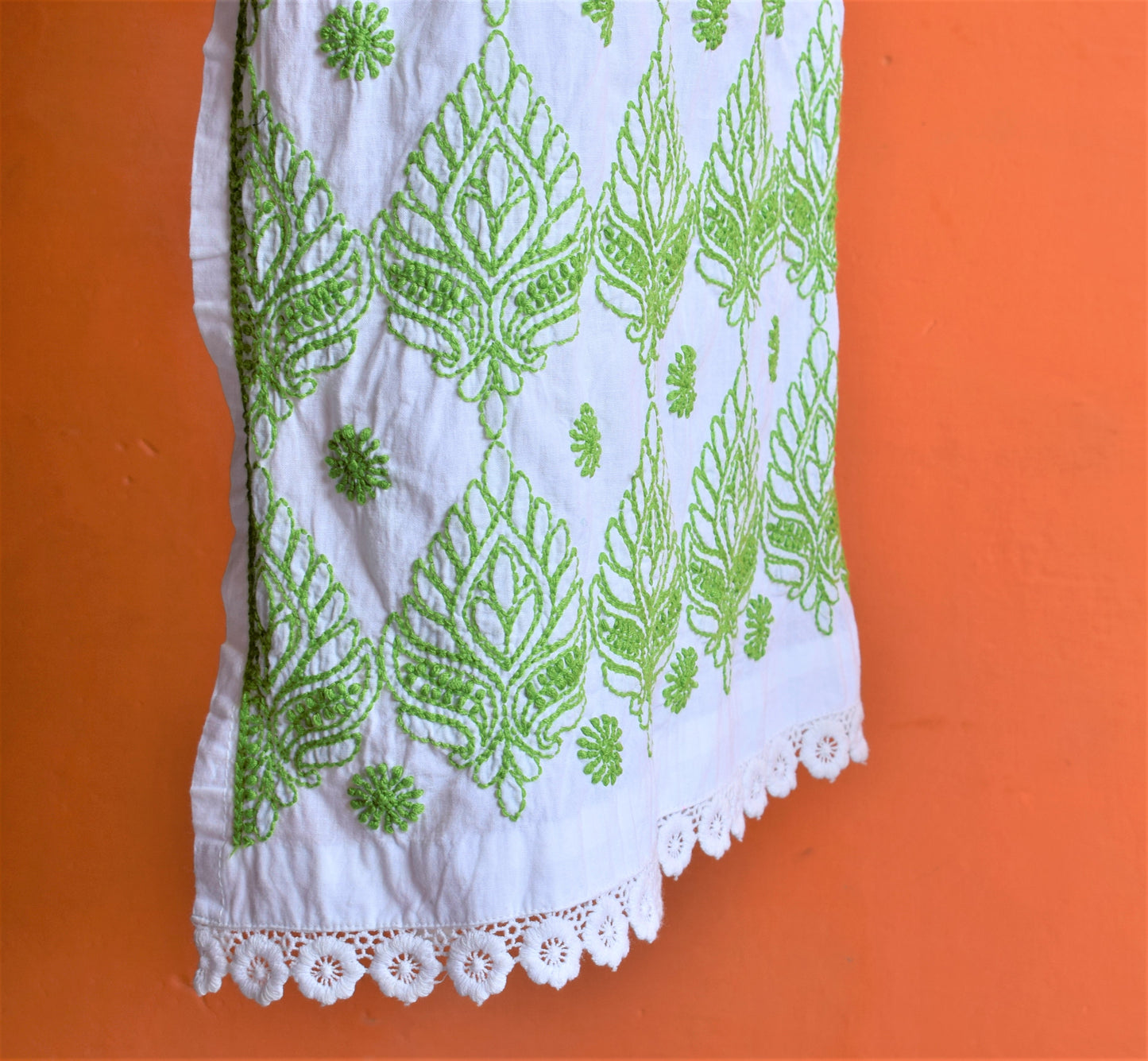 White and Green Floral Lace Chikan Embroidery Kurti