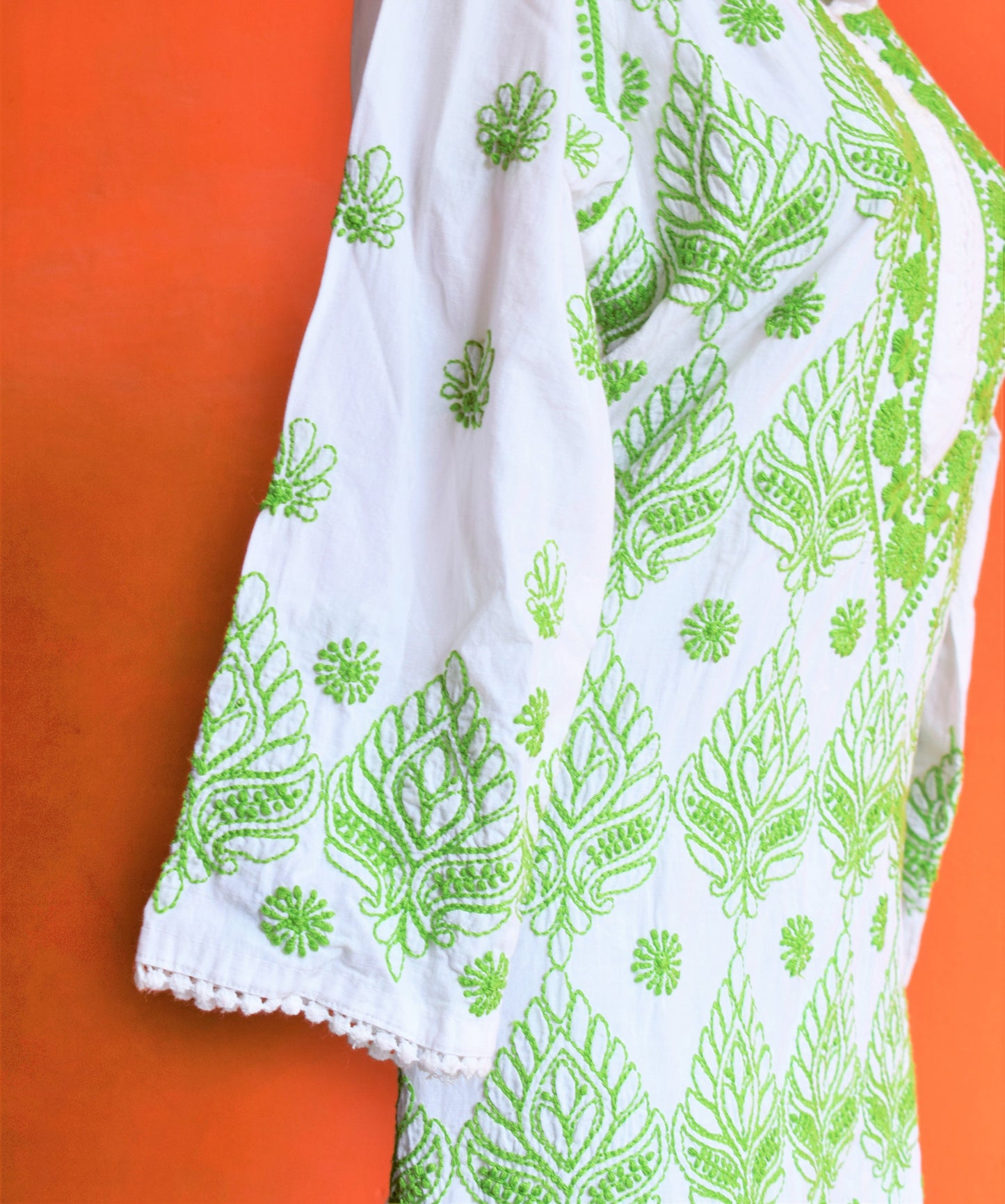 White and Green Floral Lace Chikan Embroidery Kurti