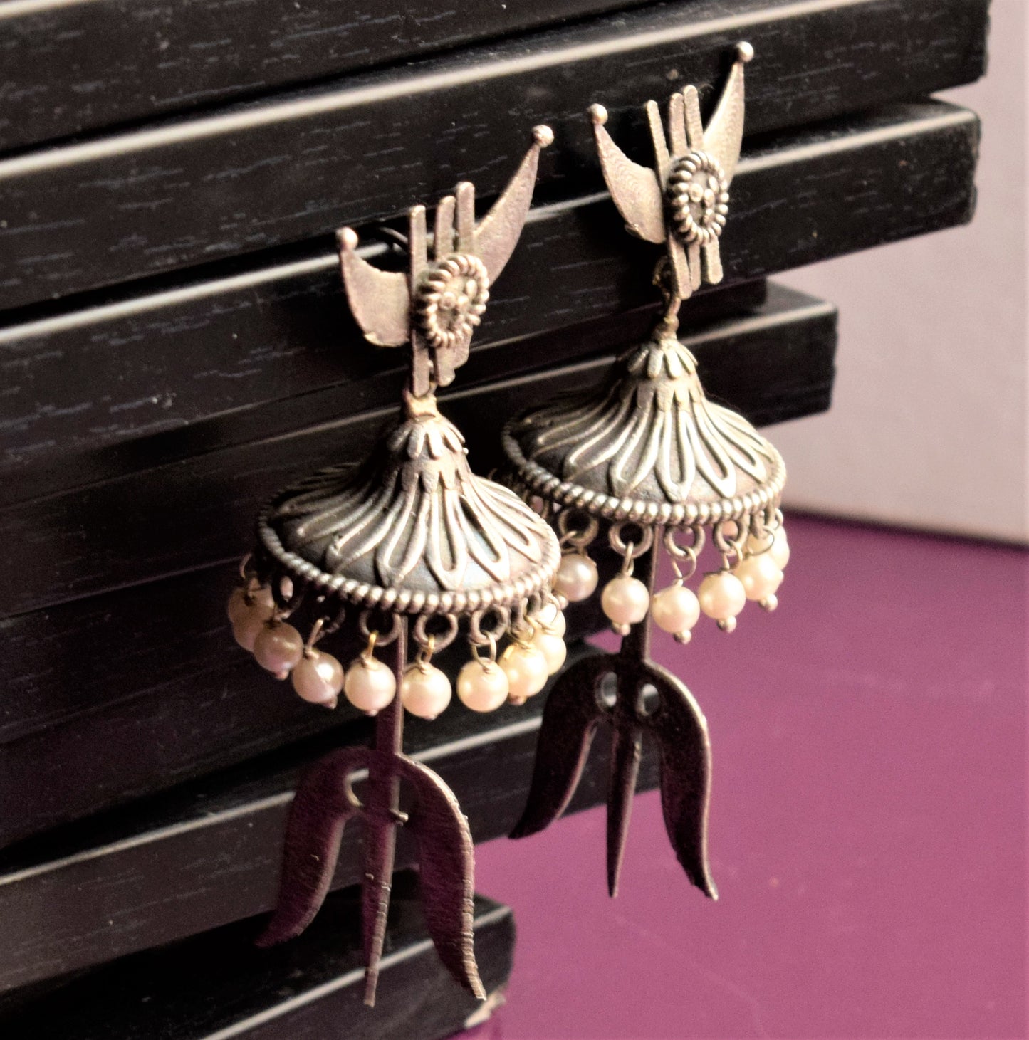 German Silver Trishul Carved Jhumka