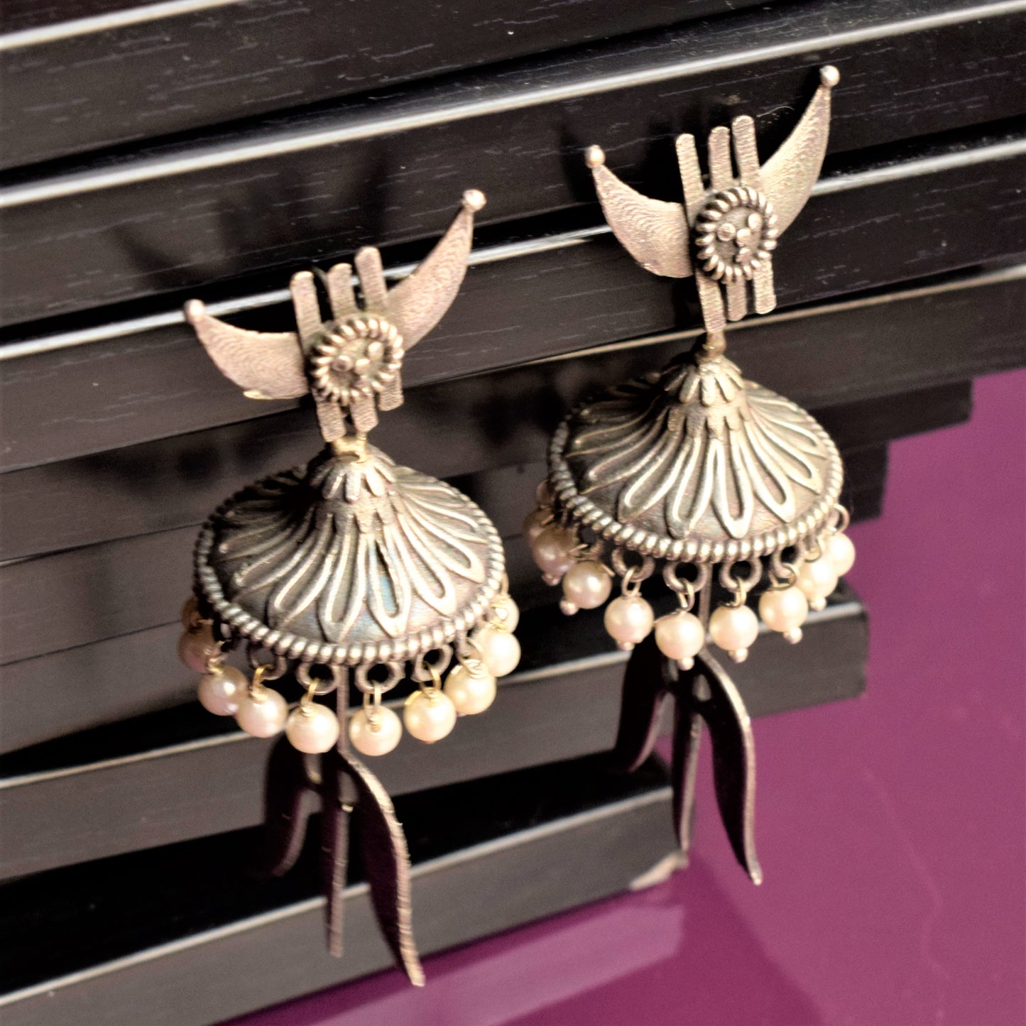 German Silver Trishul Carved Jhumka