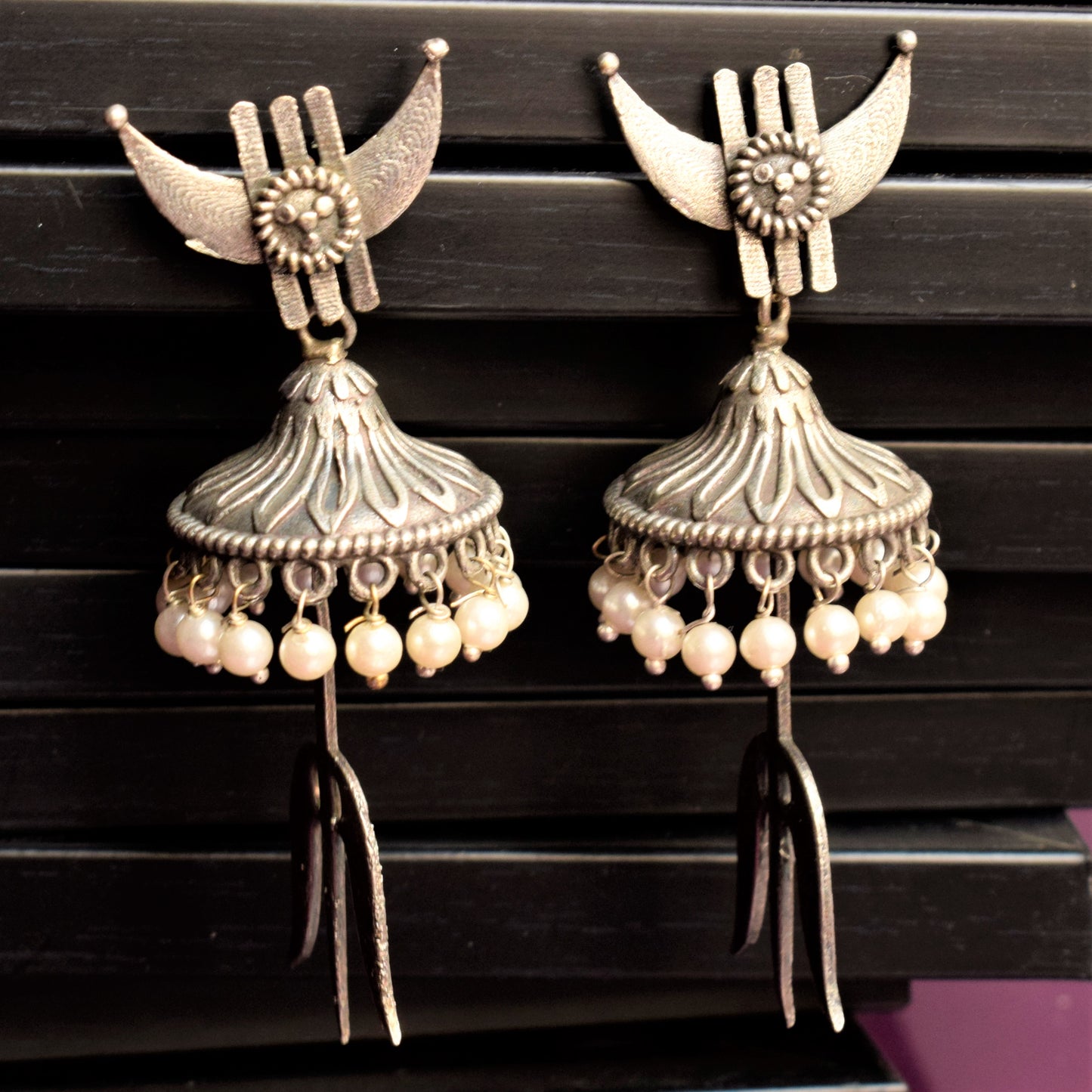 German Silver Trishul Carved Jhumka