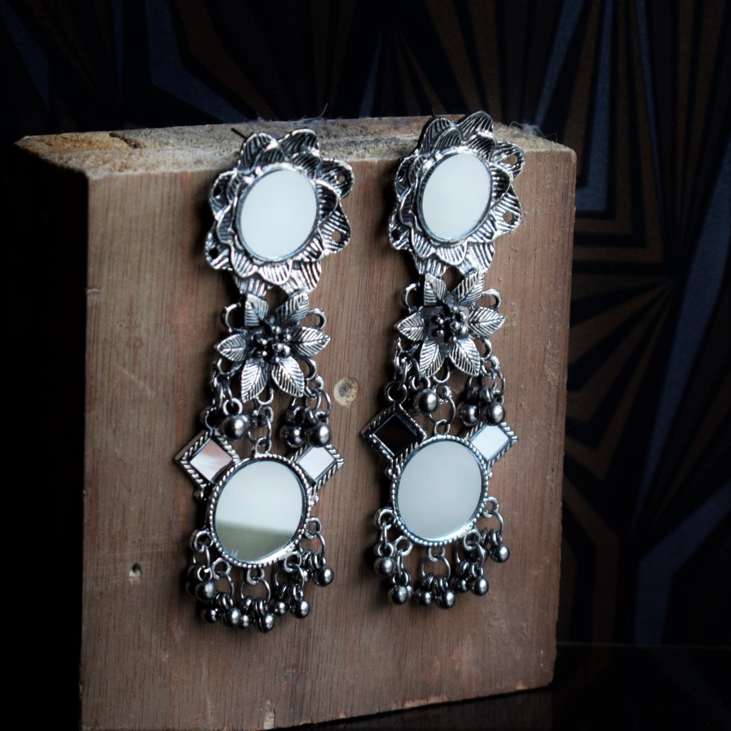 German Silver Floral Dangle Drop Mirror Earrings