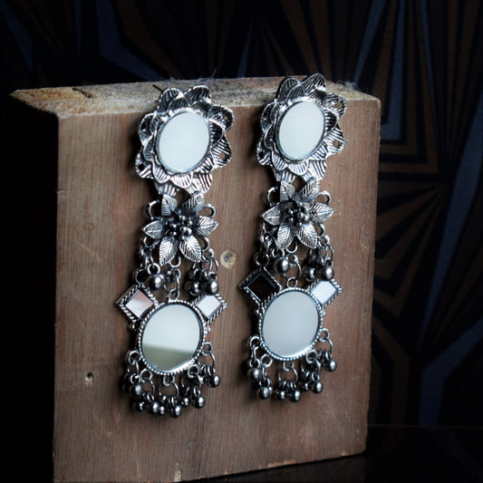 German Silver Floral Dangle Drop Mirror Earrings
