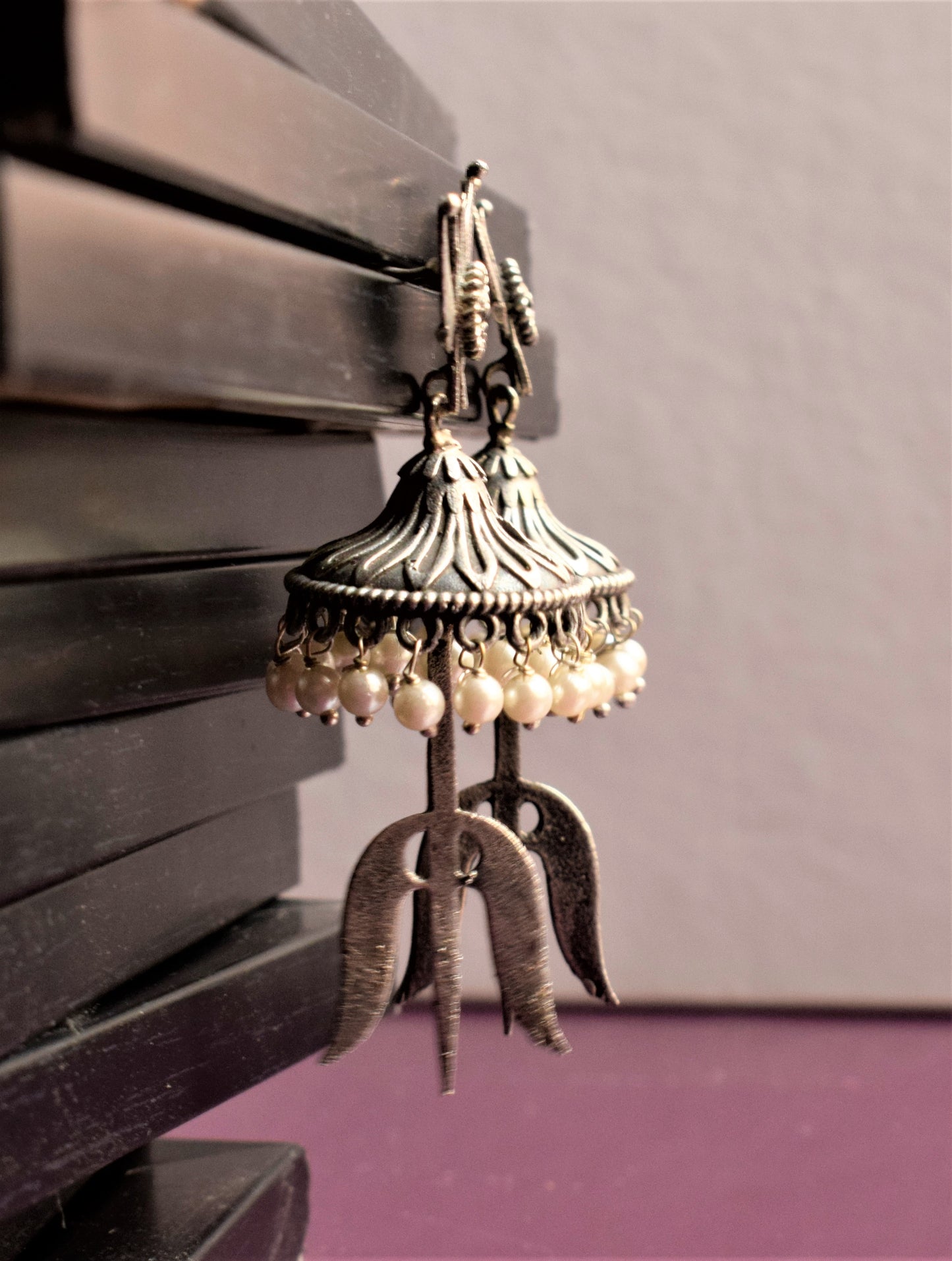 German Silver Trishul Carved Jhumka