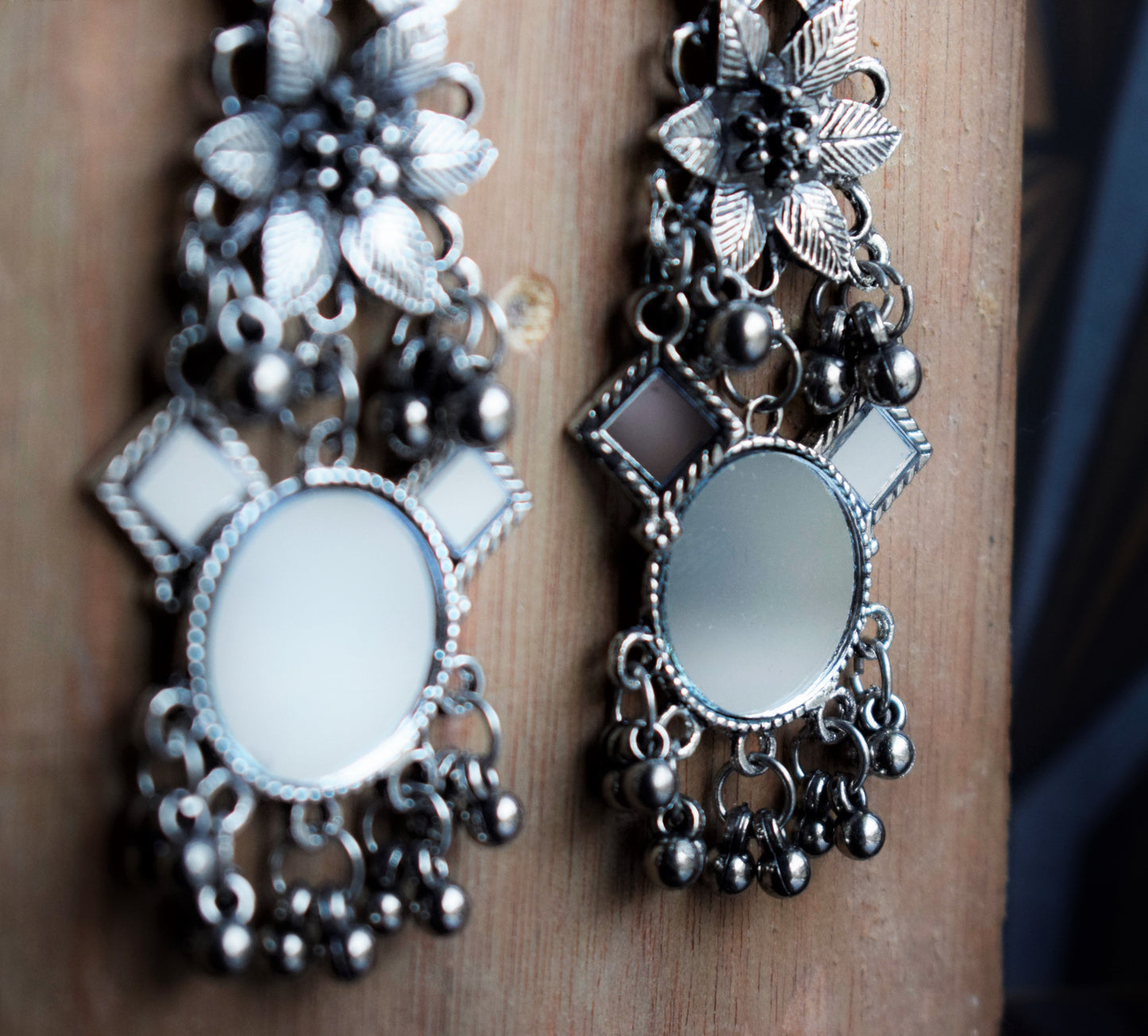 German Silver Floral Dangle Drop Mirror Earrings
