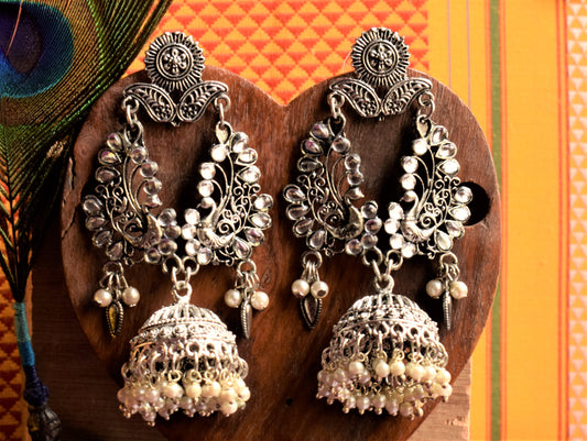 Silver Peacock Kundan and Pearl Jhumka