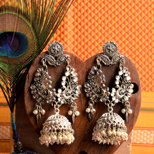 Silver Peacock Kundan and Pearl Jhumka