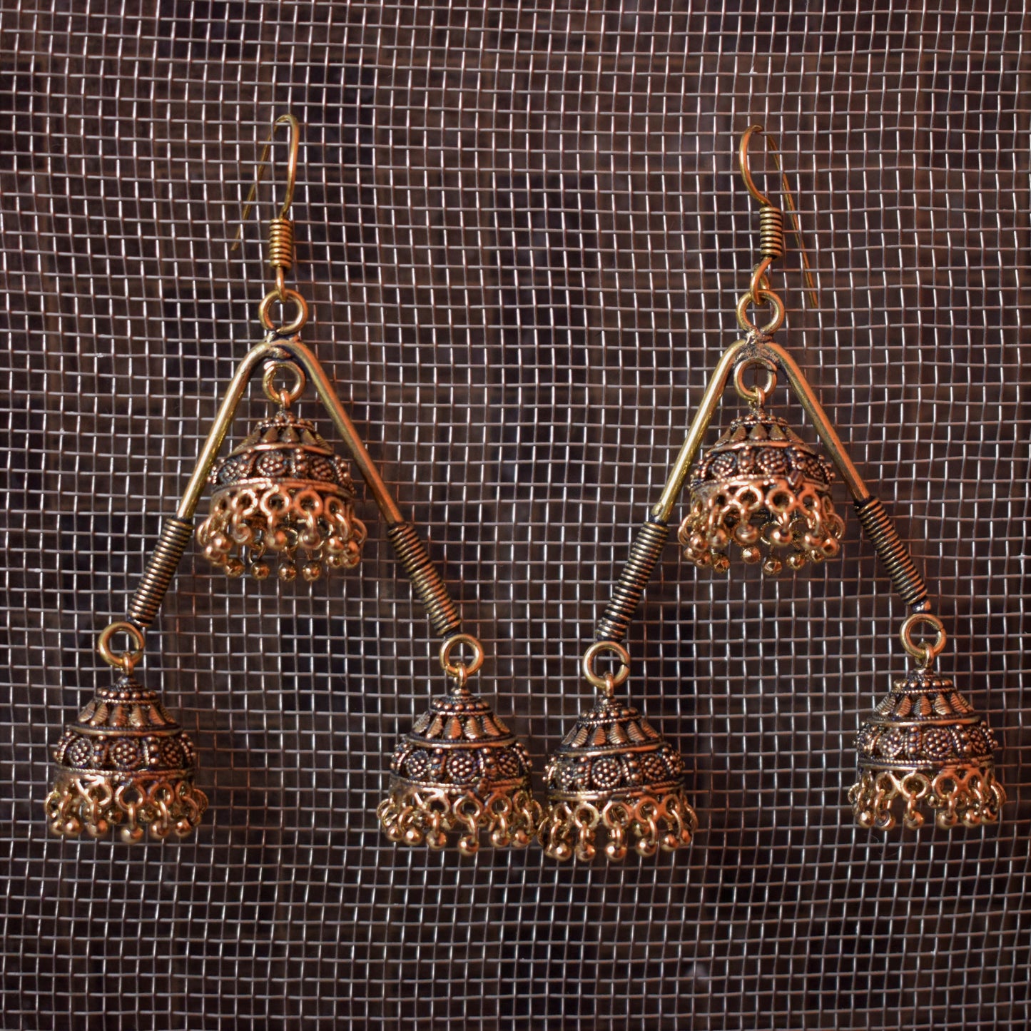 Golden Oxidised Jhumka Triangle Earrings