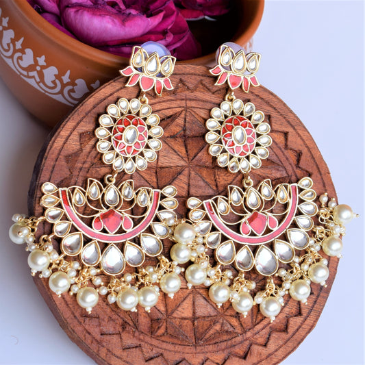 Gold Plated Long Red Lotus Chandbali