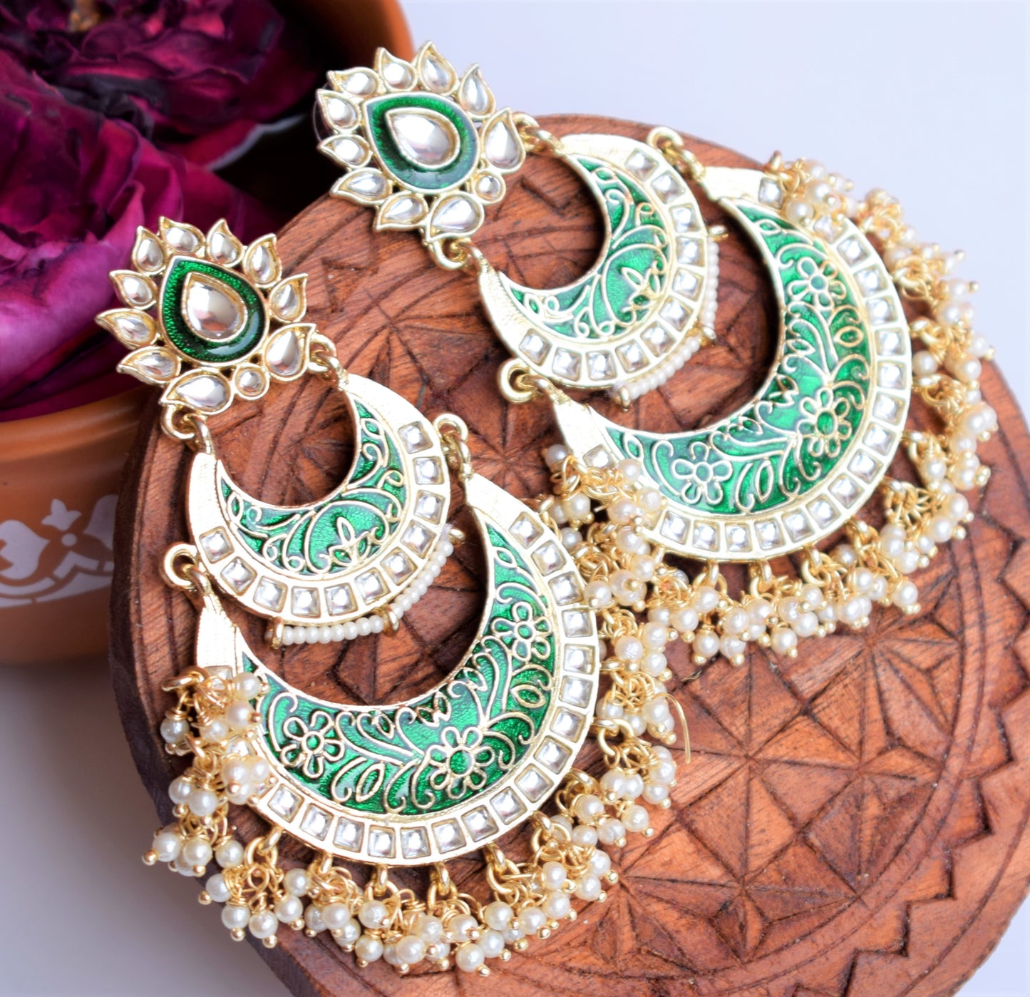 Red and Green Pearl Meenakari Chandbali with Kundan Studs