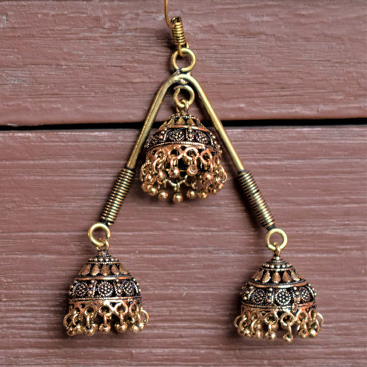 Golden Oxidised Jhumka Triangle Earrings
