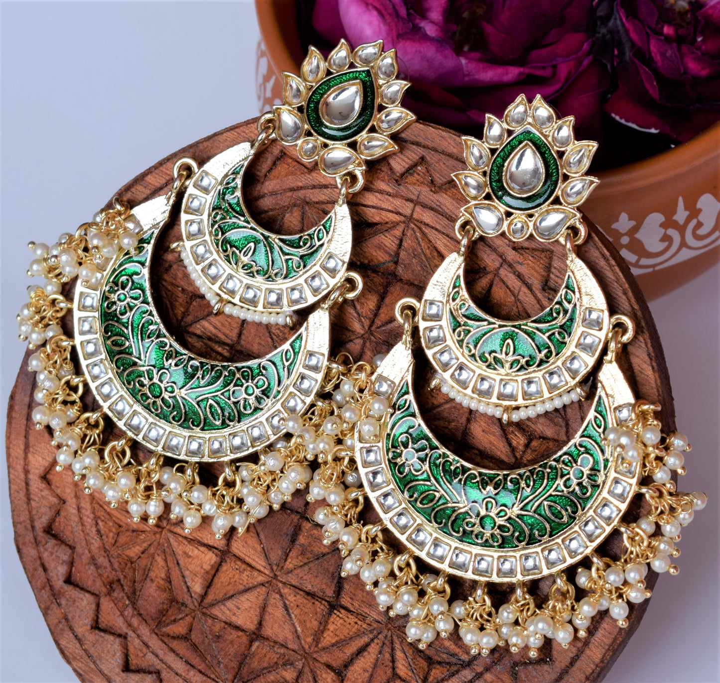 Red and Green Pearl Meenakari Chandbali with Kundan Studs