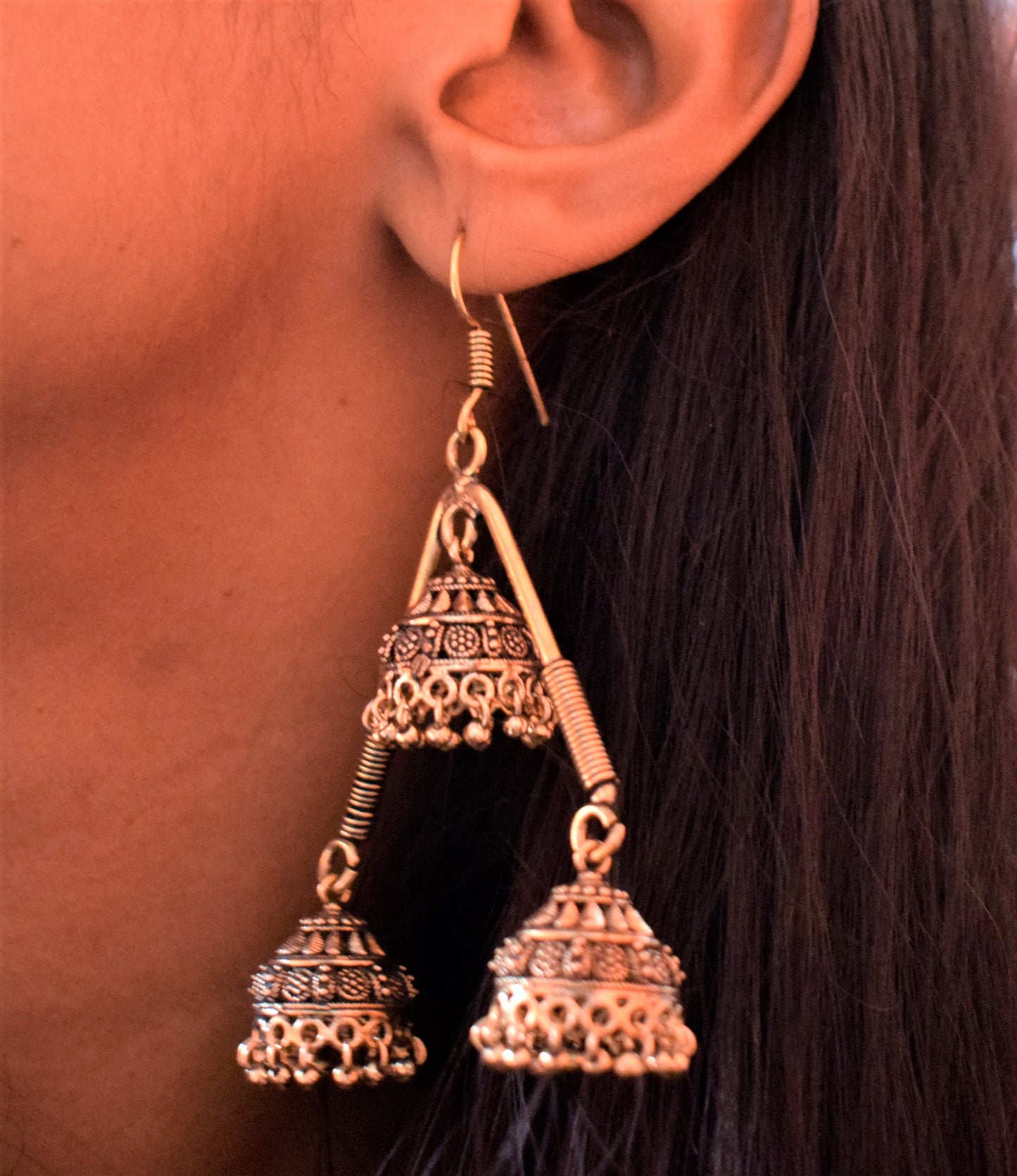 Golden Oxidised Jhumka Triangle Earrings