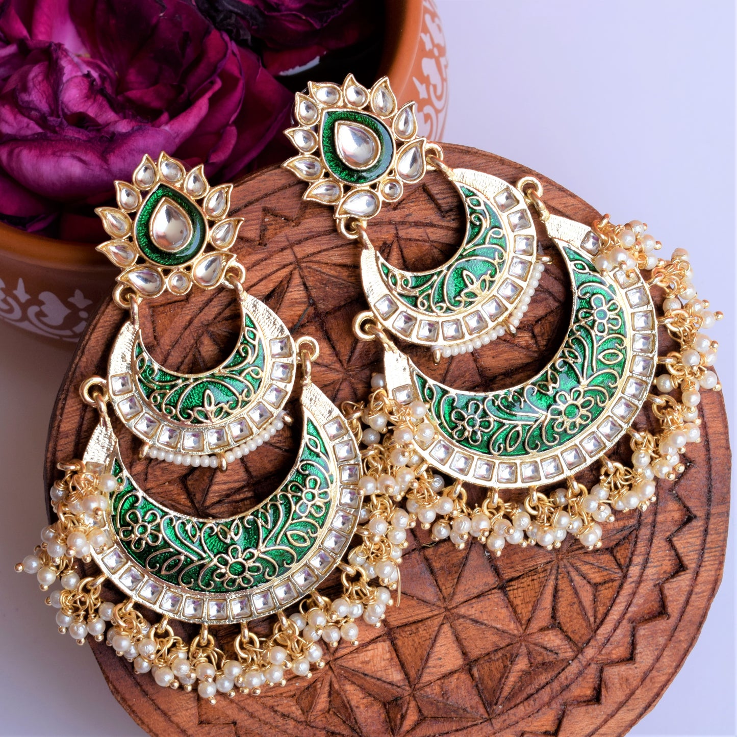 Red and Green Pearl Meenakari Chandbali with Kundan Studs