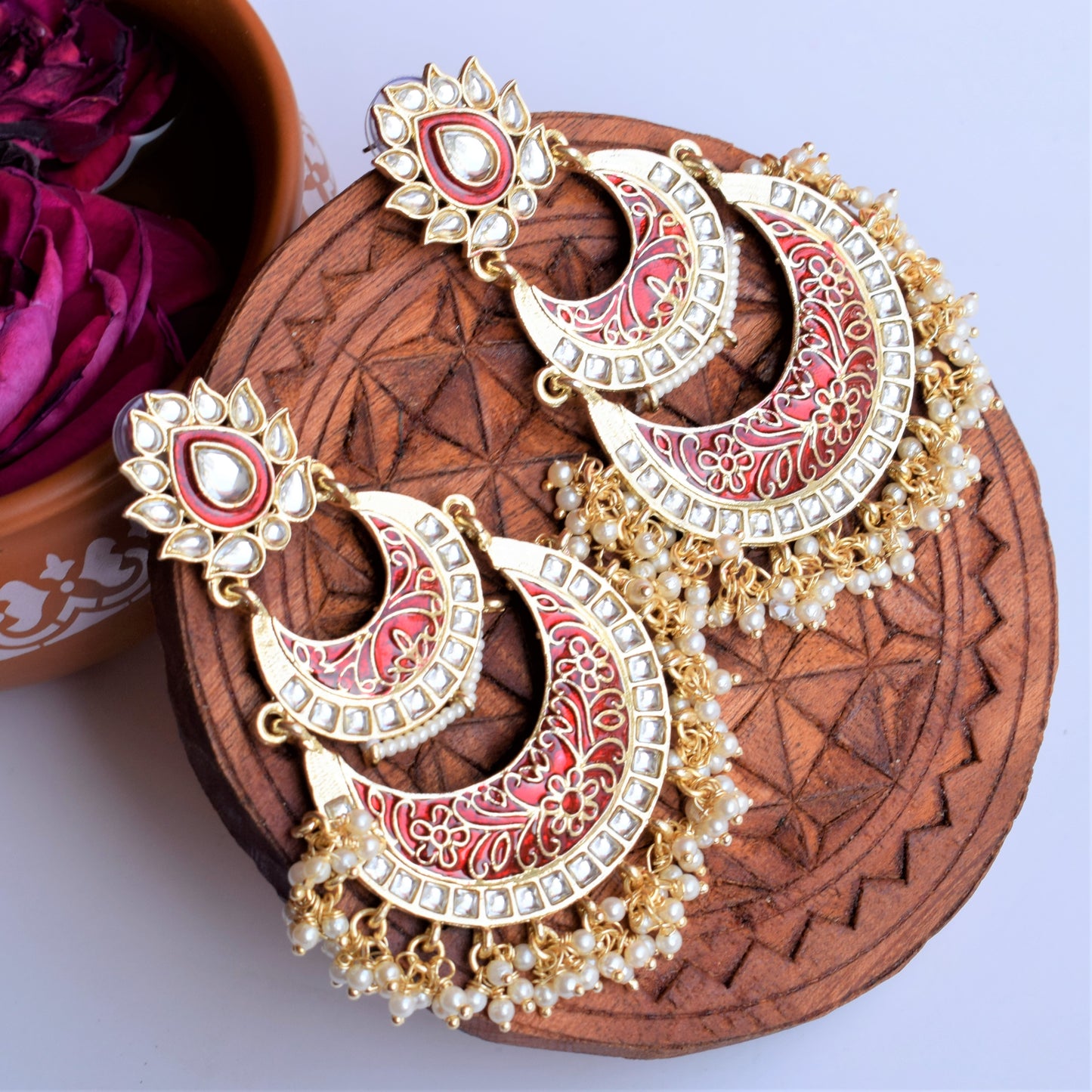 Red and Green Pearl Meenakari Chandbali with Kundan Studs