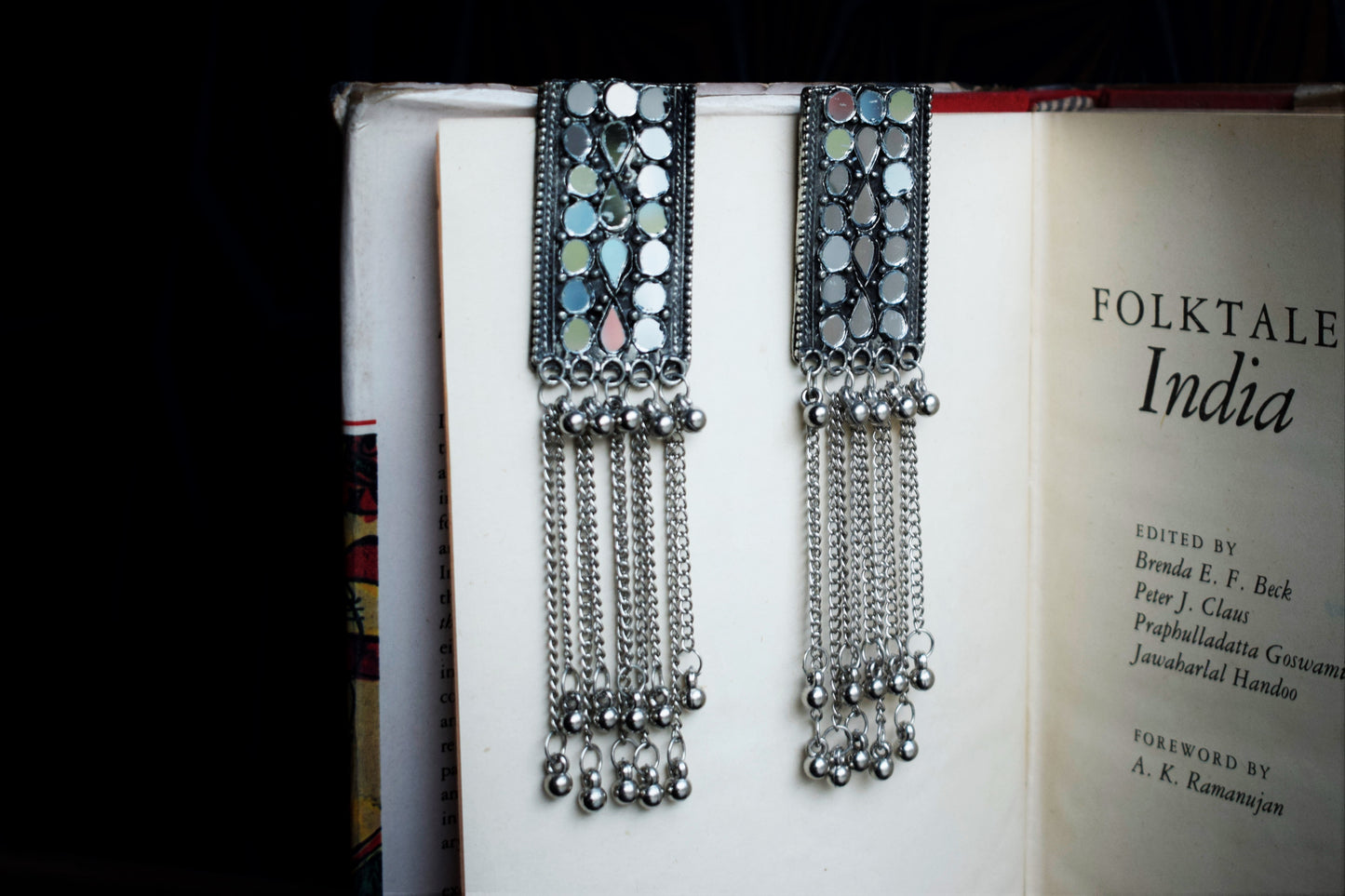 German Silver Mirror Bookmark Tassel Earrings