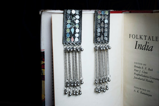 German Silver Mirror Bookmark Tassel Earrings