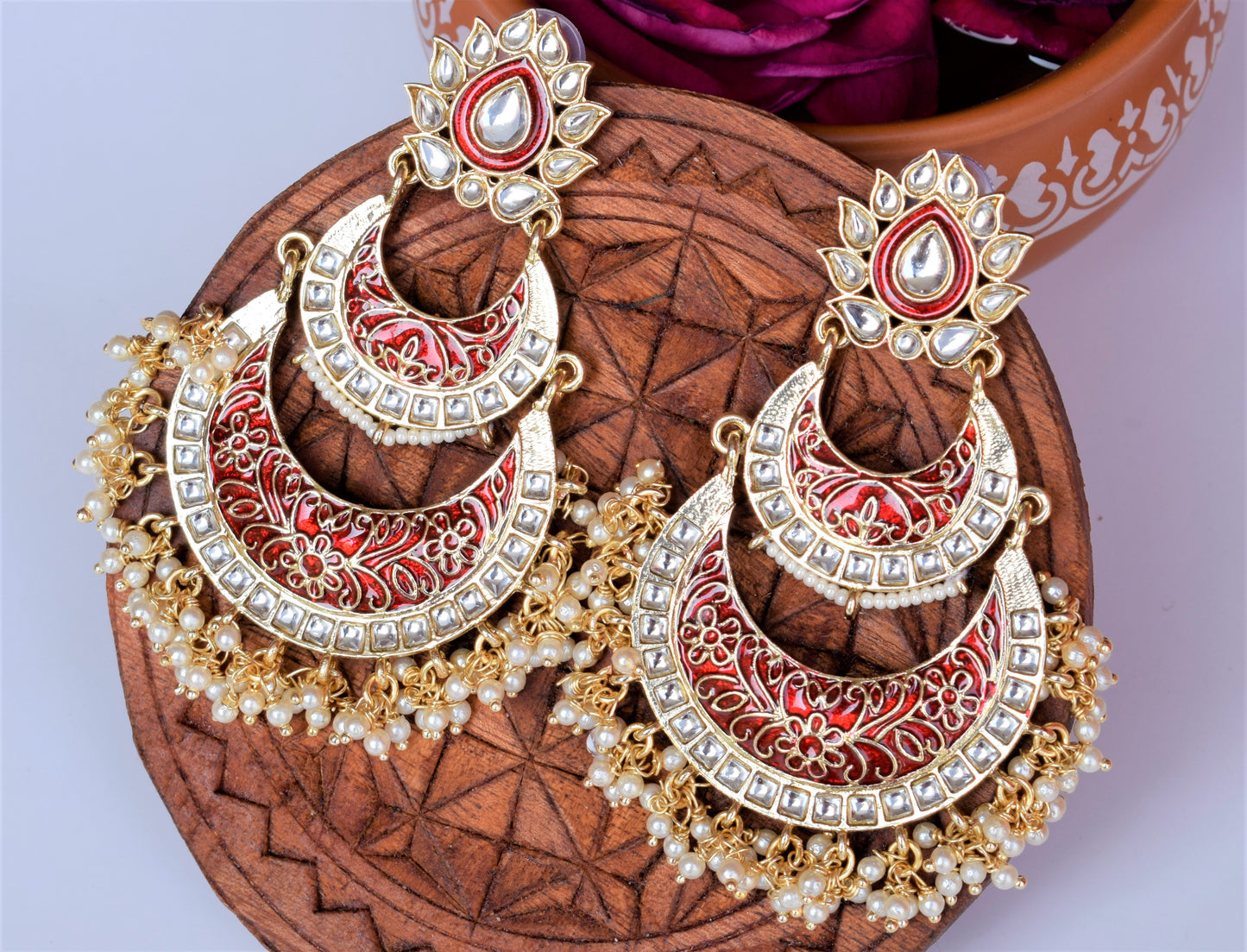 Red and Green Pearl Meenakari Chandbali with Kundan Studs