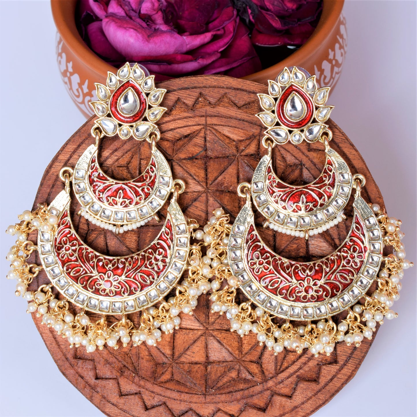Red and Green Pearl Meenakari Chandbali with Kundan Studs