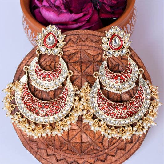 Red and Green Pearl Meenakari Chandbali with Kundan Studs