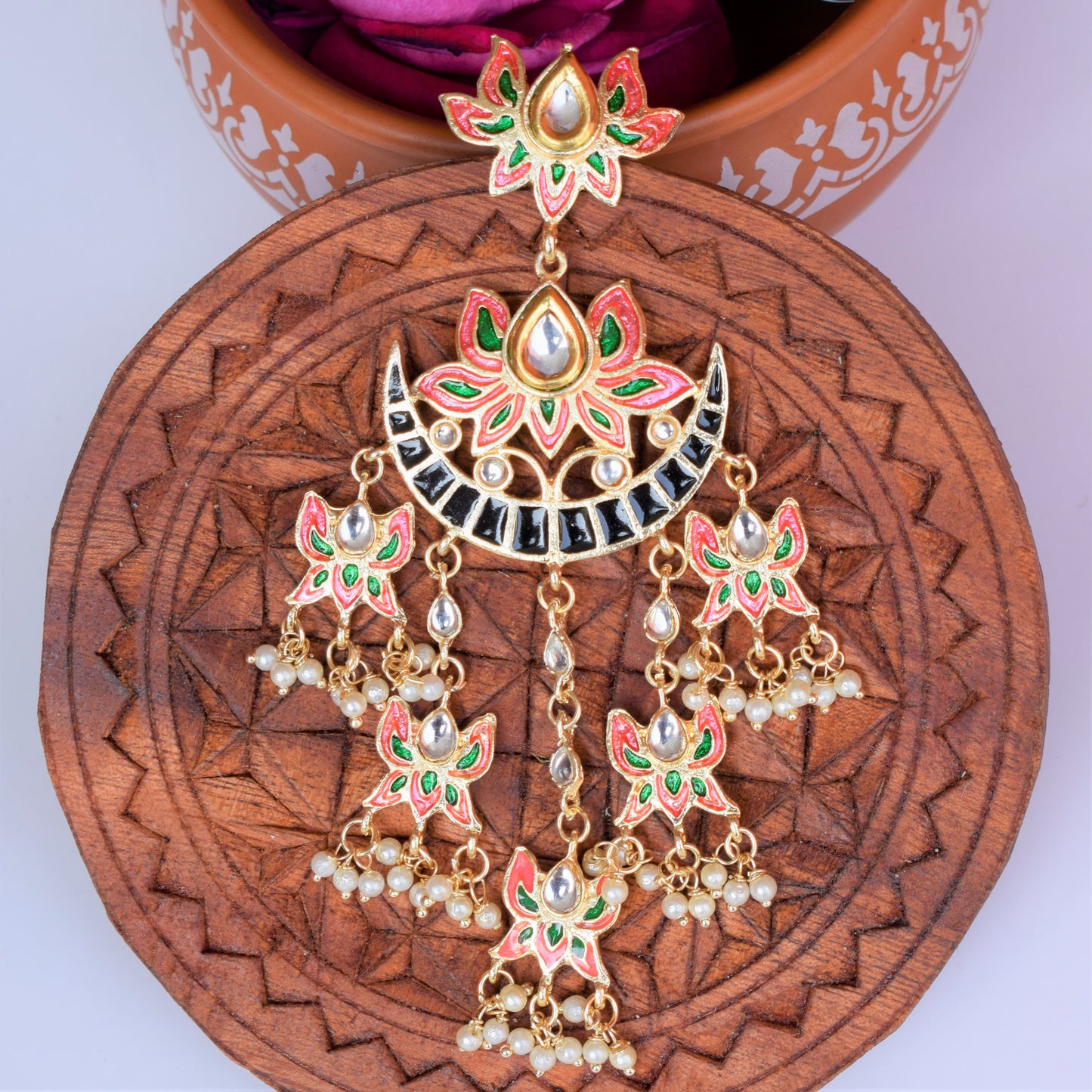 Pink and Black Chandrika Meenakari Lotus Chandbali Earring