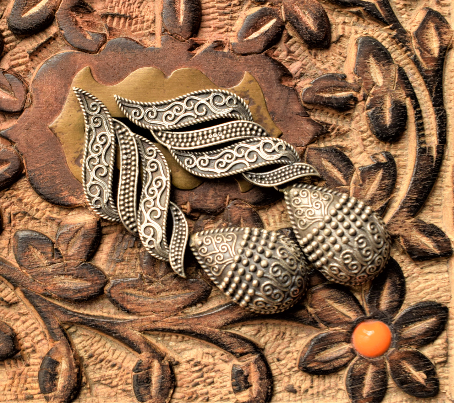 Designer German Silver Carved Drop Earring