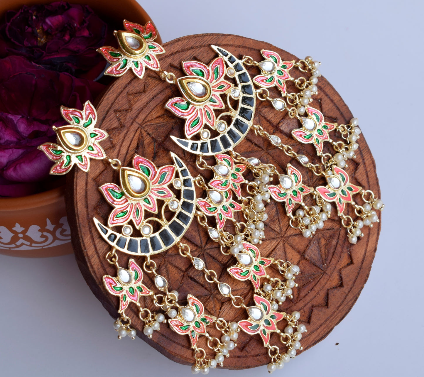 Pink and Black Chandrika Meenakari Lotus Chandbali Earring